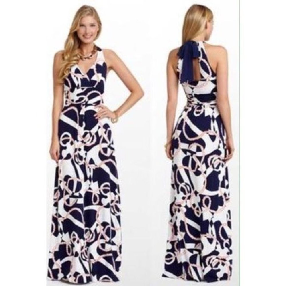 Lilly Pulitzer Amada Booze Cruise Maxi Dress Navy White Medium